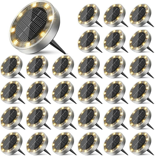 30 Pack Solar Ground Lights Outdoor, 8 LED Mini Flat Solar Disk Lights, IP65 Waterproof Anti-Rust Disc Light, Landscape Lighting for Garden Pathway Yard Walkway Driveway Lawn,Warm White