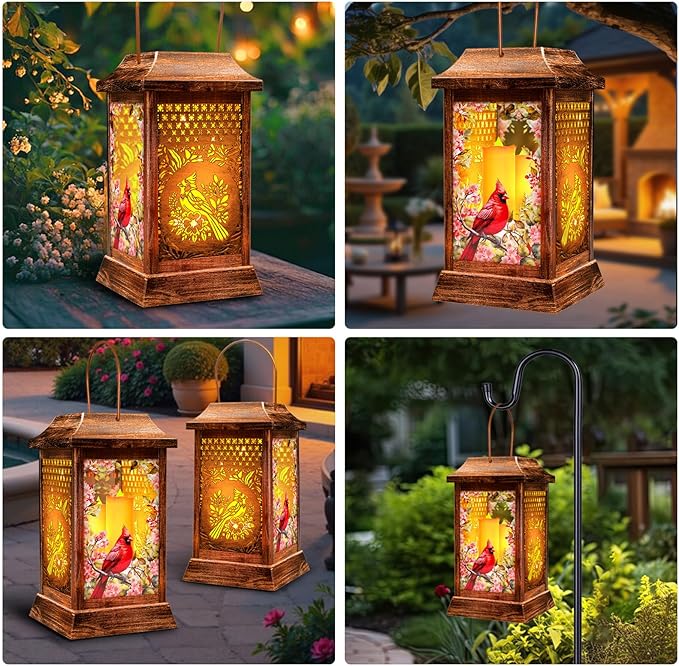 Cardinal Solar Lanterns Outdoor Waterproof, Metal & Glass Hanging Lights Garden Decor, Birthday Gifts for Women Mom Grandma Mothers Day, Decorative Lights for Outside Yard Patio Backyard Porch