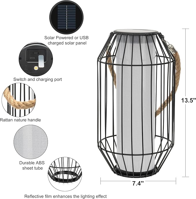 Large Solar Lanterns Outdoor Rechargeable Hanging/Standing Lantern Waterproof Metal Solar Table Lamp with Warm Lights Retro Handle for Patio,Yard,Garden,Proch,Trees, Wedding Decoration