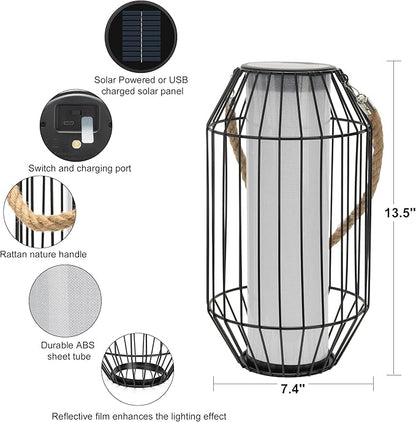 Large Solar Lanterns Outdoor Rechargeable Hanging/Standing Lantern Waterproof Metal Solar Table Lamp with Warm Lights Retro Handle for Patio,Yard,Garden,Proch,Trees, Wedding Decoration