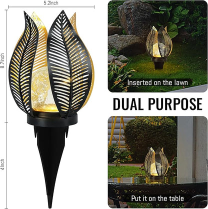 Solar Garden Lights Waterproof Decorations,Crackle Globe Glass,Metal Palm Leaf Solar Lights for Outdoor Decor On Garden,Patio,Yard,Front Porch,Tabletop Lamp-Perfect Gifts