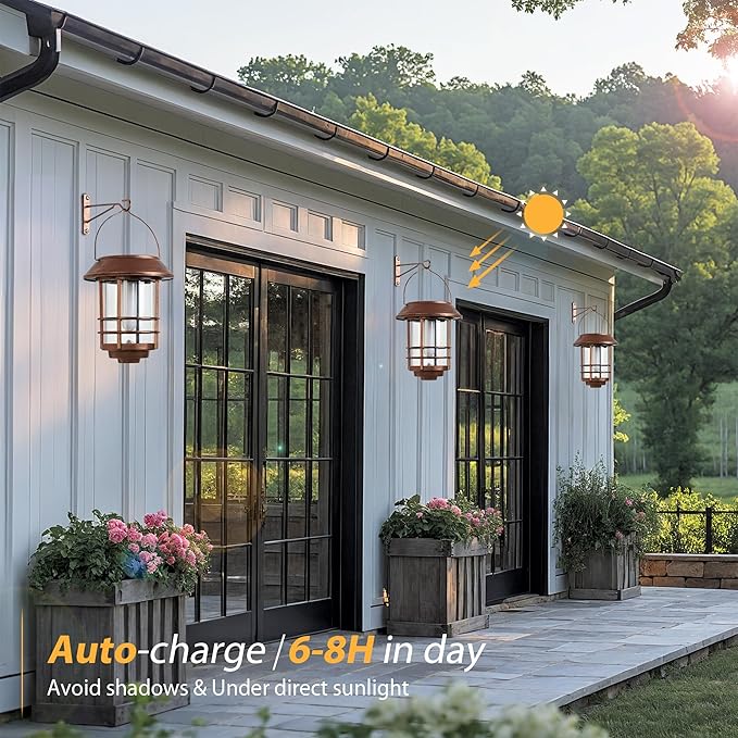 Otdair Solar Lanterns Outdoor Waterproof, 2 Pack Flickering Flames Wall Garden Decor with Glass Shade, Hanging Solar Lights Wall Mount Decorations for Halloween, Front Porch, Patio, Yard, Bronze