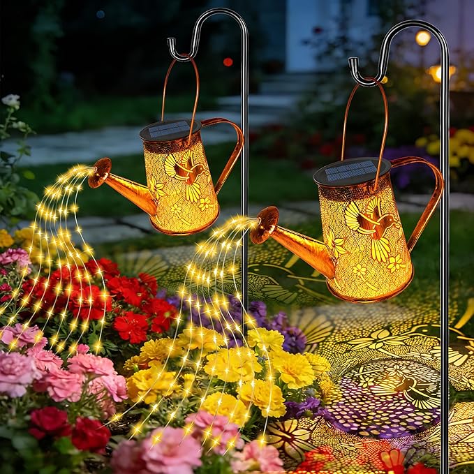 2 Pack Solar Watering Can Lights, Hummingbird Gifts for Women Mom Grandma Birthday, Waterproof Outdoor Garden Decor Large Hanging Solar Lanterns Garden Lights for Patio Yard Flowerbed