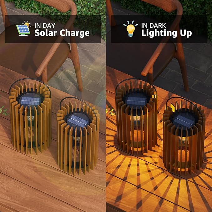 2 Pack 13" Solar Lantern Outdoor Waterproof IP44 Outside Lights LED Hanging Rattan Lamp for Patio Garden Decor Porch Yard Table Top Decorative
