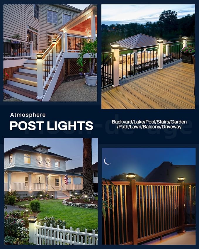 Solar Post Cap Lights, 4x4 4x6 Fence Post Light Solar Powered, 25 Lumens Deck Post Light Outdoor, 3000K Warm Light, IP65 Waterproof, Black - 2 Pack