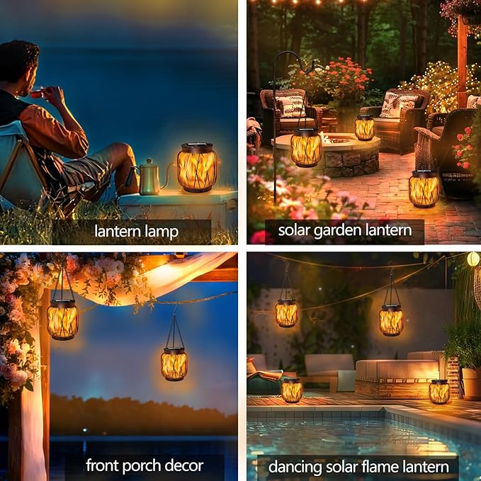 Solar Hanging Lantern Lights Outdoor Waterproof, 2 Pack Solar Flame Lantern with Hook, Metal Hanging Lanterns for Outside, Led Porch Lanterns for Patio Tree Camping Garden Decorative Lights