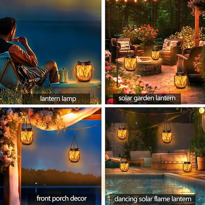 Solar Hanging Lantern Lights Outdoor Waterproof, 2 Pack Solar Flame Lantern with Hook, Metal Hanging Lanterns for Outside, Led Porch Lanterns for Patio Tree Camping Garden Decorative Lights