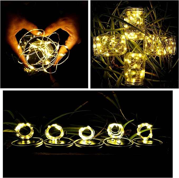 Mason Jar Lid Fairy Lights 12-Pack, Solar Patio LED