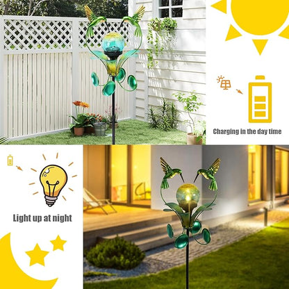 Solar Lights Outdoor Metal Garden Stake Waterproof Crackle Glass Globe Garden Decor Green Hummingbird for Pathway, Lawn, Patio, Yard