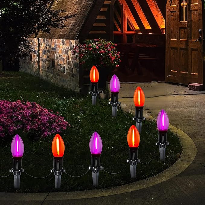 C9 Outdoor Halloween Pathway Lights, 19.5Ft 10 C9 LED Orange Purple Halloween Pathway Marker Stakes Light, Outdoor Walkway Lights Waterproof for Driveway Lawn Yard Sidewalk Garden