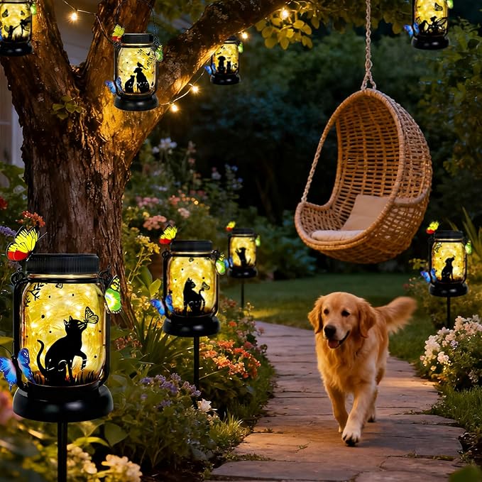 Dog Solar Lanterns Outdoor Garden Solar Dog Lights Dog & Cat Lover Gifts for Women Mom Grandma, Butterfly Fairy Lights Waterproof Hanging Mason Jar Lamps (Cat Kiss Butterfly)