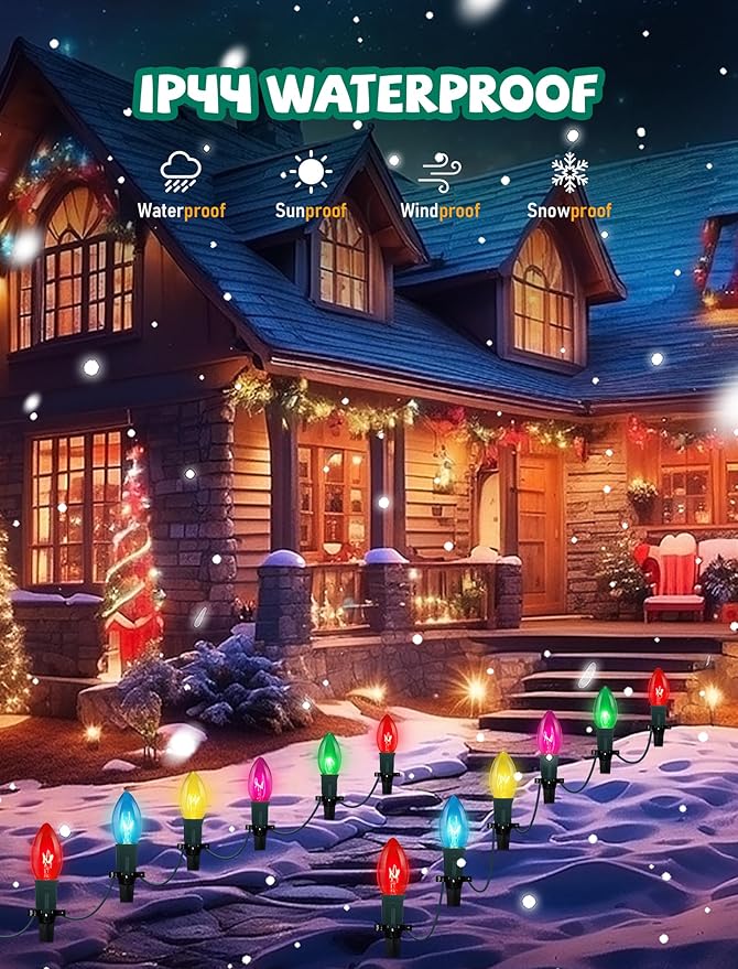 C9 Christmas Pathway Lights Outdoor, 38Ft Outdoor Christmas Decorations with 25 C9 Multicolor Bulbs Marker Stakes Light, Connectable Walkway Lights for Outside Yard Lawn Sidewalk Garden