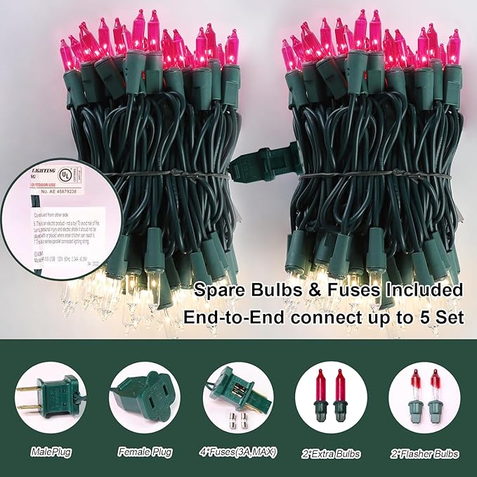 LAMPHOME Pink Clear Christmas Valentine's String Lights 100 Mini Incandescent Fairy Light Decor 20 Ft Green Wire Indoor & Outdoor Party Patio Bedroom, Xmas Tree Garland Easter Holiday Decoration