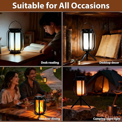 Solar Lanterns Outdoor Waterproof , Flickering Flame Garden Lights with 2 Modes Dual Charging USB & Solar, Outdoor Waterproof Hanging Lantern for Halloween Party Holiday Decor