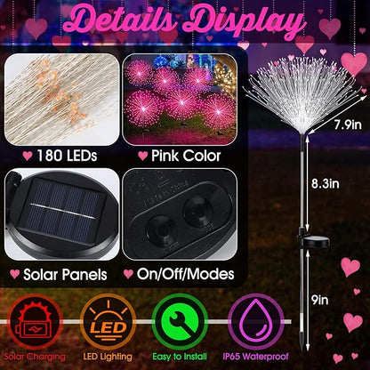 6 Pack Pink Solar Firework Lights 180 LED 8 Lighting Modes Waterproof Outdoor Decorative Solar Lights for Wedding Valentine Birthday Garden Patio Yard Pathway Walkway Lawn Decor