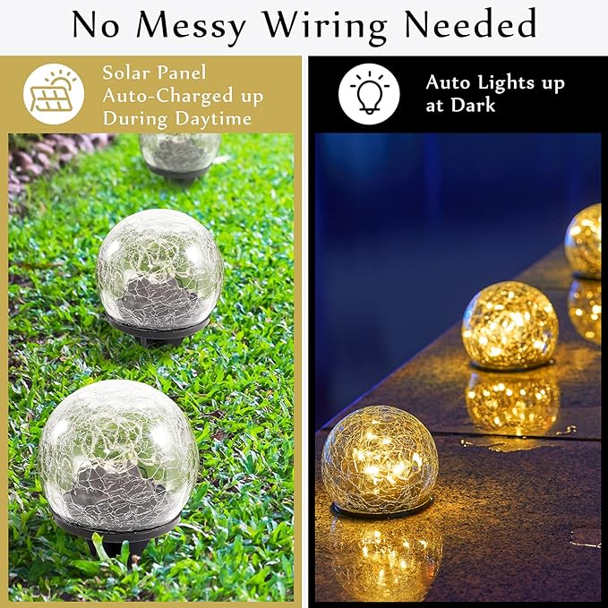Honoson Solar Globe Lights Outdoor - Waterproof Cracked Glass Balls for Garden, Patio, Lawn & Yard, Warm White Solar LED Lights with Easy Installation & Durable Design(3.9 Inch,4 Pieces)