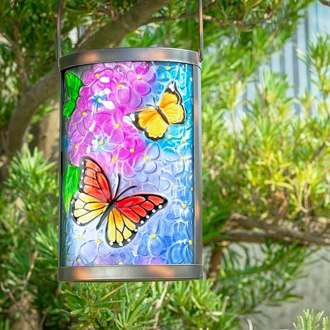 MUMTOP Hanging Solar Lantern Outdoor Waterproof LED Solar Lights Butterfly Decorative Solar Lanterns Tabletop Lamp for Outdoor Patio Garden Yard Decor