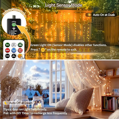 HXWEIYE Rechargeable 300LED Curtain Lights Battery Powered, 9.8x9.8Ft Outdoor Fairy String Lights with Remote & DIY Timer, 8 Modes Twinkle Light Waterproof for Indoor Backdrops Wedding, Warm White