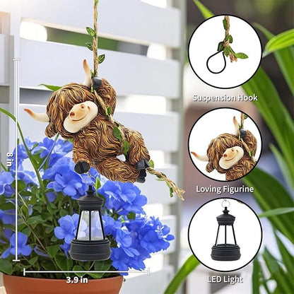Hanging Christmas Highland Cow Decor: Garden Cow Statues with Solar Lantern Tree Decorations for Outdoor Yard Lawn Patio Porch Ideal Gardening Gifts for Mom Grandma Women