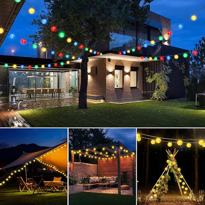 Solar Lantern String Lights Waterproof Outdoor, 40ft 40Led Warm White & Multi-Color Garden Lights Hanging Hemp Rope Nylon Lanterns with Remote, Timer for Yard, Balcony, Fences, Porch