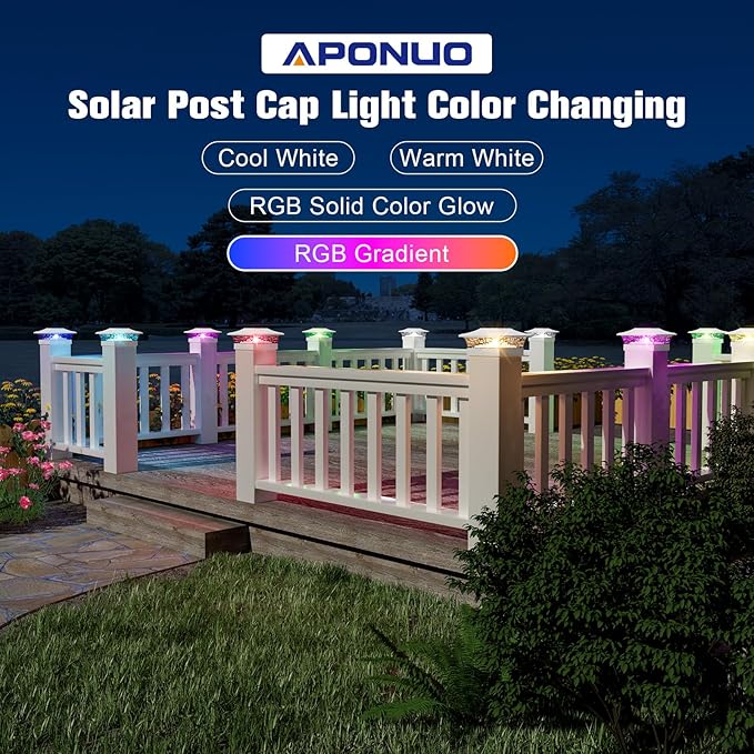 APONUO Solar Post Cap Lights with 8 RGB Solid Colors & Multicolor Flow - 12 Pack Fence Post Solar Lights, IP65 Waterproof - Fits 4x4 5x5 6x6 Wood & Vinyl Posts - White