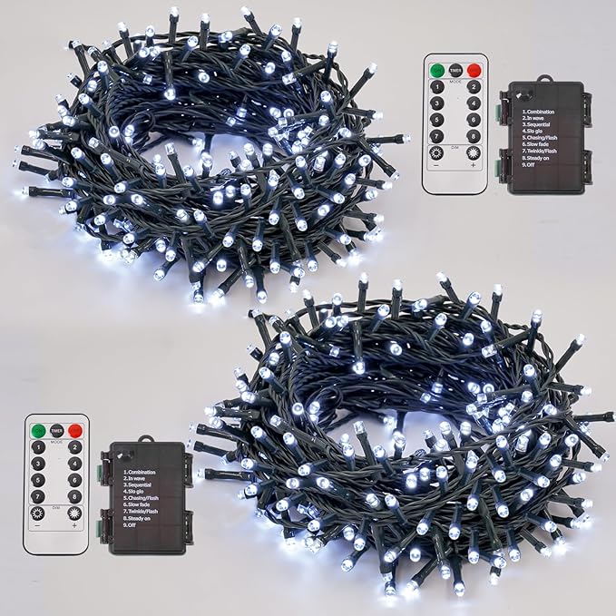 QITONG 2 Pack White Battery Operated String Lights, Each 33ft 100 LED Christmas Lights Outdoor with Remote, Green Wire Twinkle Lights Indoor