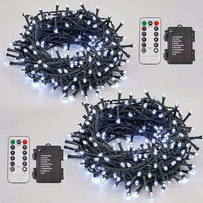 QITONG 2 Pack White Battery Operated String Lights, Each 33ft 100 LED Christmas Lights Outdoor with Remote, Green Wire Twinkle Lights Indoor
