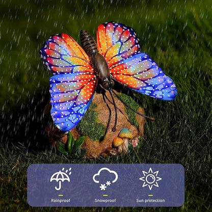 Solar Butterfly Garden Statue Weatherproof Outdoor Hand-Painted Decor Butterfly Resin Figurine Orange