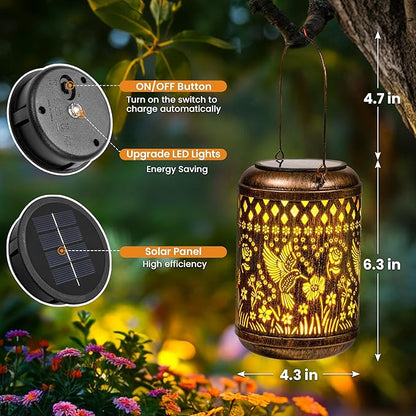 Hummingbird Gardening Gifts Outdoor Solar Lanterns, 2 Pack Garden Decor for Outside, Hanging Solar Lanterns Decorative Gifts for Women Birthday Unique Vintage Table Metal Lights for Yard, Balcony