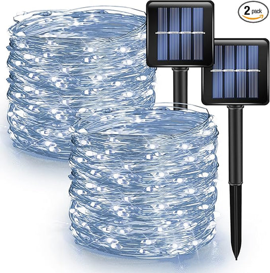 Dazzle Bright 2 Pack Solar String Lights Outdoor, Total 80FT 240LED Solar Powered Waterproof Fairy Lights 8 Modes, Copper Wire Lights for Christmas Patio Party Tree Yard Decoration (White)