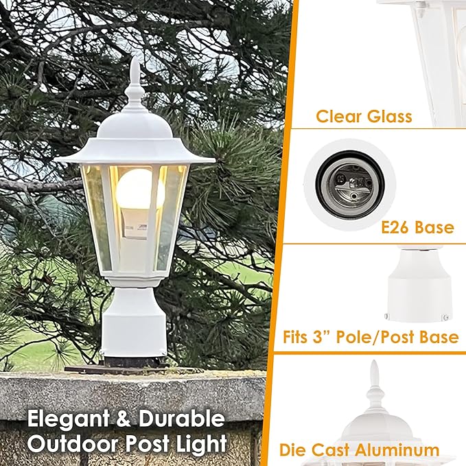 GRUENLICH Outdoor Post Light, White Waterproof Lamp Post Lights Fxiture, Aluminum Pole Lantern for Outside Yard Pathway Garden, 2 Pack