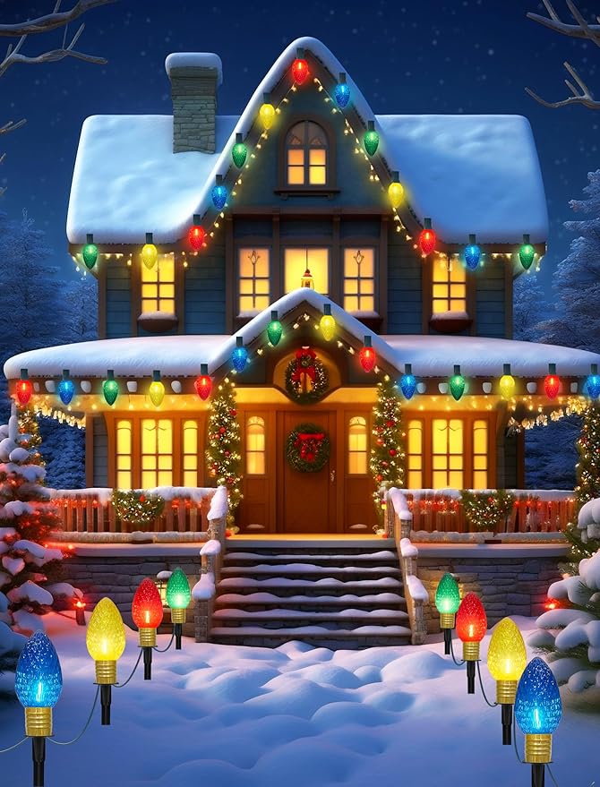 C9 Multicolor Christmas Decorations Outdoor Waterproof, 8FT Strawberry Jumbo Walkway Lights with 4 C9 LED Bulb, Connectable Marker Stakes Landscape Lights for Winter Yard Garden Lawns Xmas Holiday