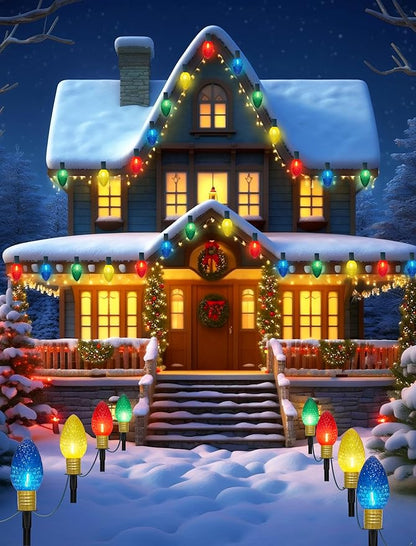 C9 Multicolor Christmas Decorations Outdoor Waterproof, 8FT Strawberry Jumbo Walkway Lights with 4 C9 LED Bulb, Connectable Marker Stakes Landscape Lights for Winter Yard Garden Lawns Xmas Holiday