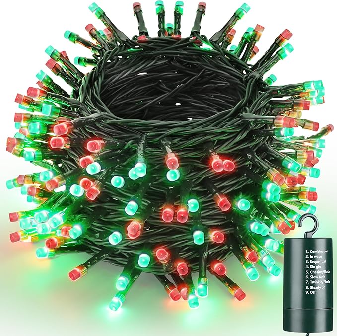 Joomer Battery Christmas Lights, 66ft 200LED Fairy Lights Battery Operated Timer 8 Modes Waterproof for Outdoor Home Garden Party Holiday Christmas Trees Decoration (Red Green)