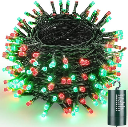 Joomer Battery Christmas Lights, 66ft 200LED Fairy Lights Battery Operated Timer 8 Modes Waterproof for Outdoor Home Garden Party Holiday Christmas Trees Decoration (Red Green)
