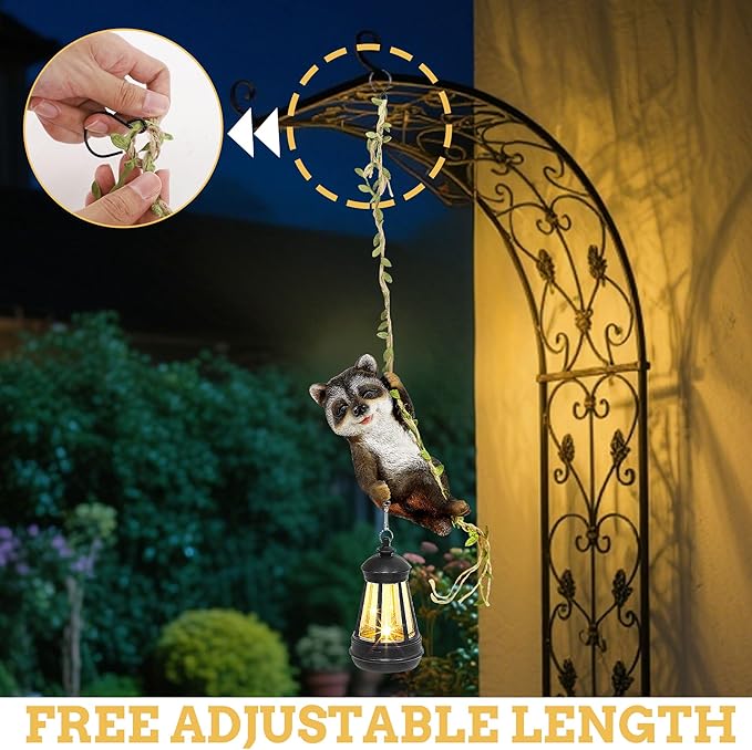 Solar Hanging Raccoon Statue, Outdoor Resin Animal Figurine with LED Lights for Garden, Fence, Porch, Patio, Yard Decor, Dusk to Dawn Auto On/Off
