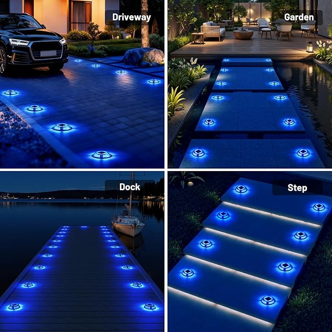 Solar Driveway Lights, 12 Pack Heavy Duty Driveway Lights Solar Powered 2 Color Mode (Cool White/Blue) IP68 Waterproof Outdoor Solar Deck Lights with Ground Stake for Pathway Garden Yard Walkway Dock