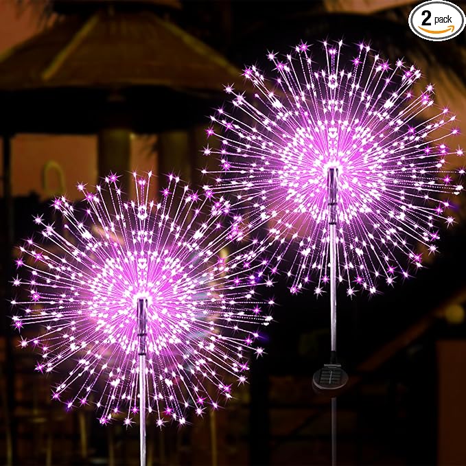 JJGoo Solar Firework Lights, 2 Pack 180 LEDs 2 Lighting Modes Solar Lights Outdoor Waterproof for Garden Patio Walkway Pathway Party Wedding Christmas Decorative - Pink