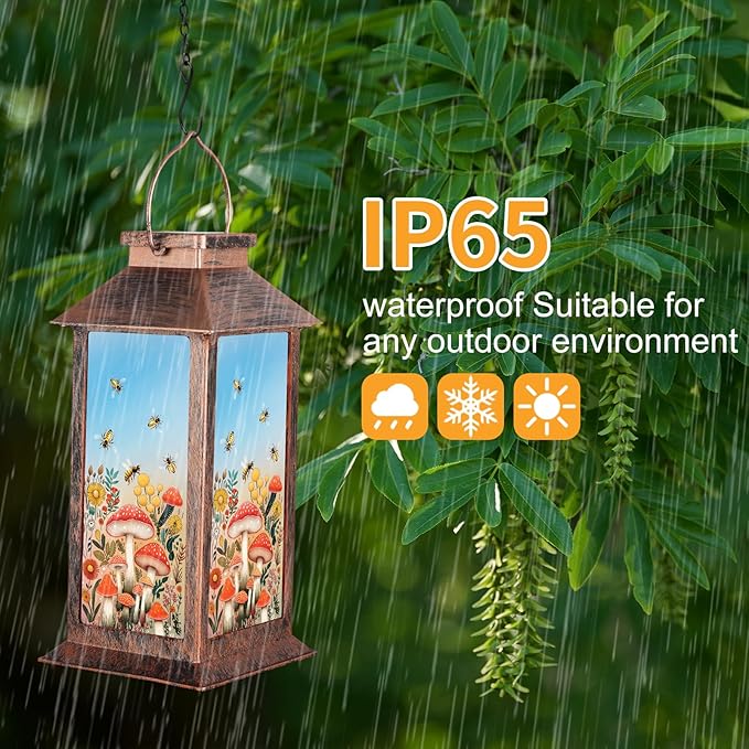 Outdoor Hanging Solar Lantern Waterproof Outside Bees Mushrooms Pattern Landscape Lights for Porch Garden Yard Patio Pathway Decor Birthday Gifts for Women Mom Grandma