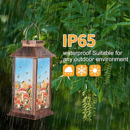 Outdoor Hanging Solar Lantern Waterproof Outside Bees Mushrooms Pattern Landscape Lights for Porch Garden Yard Patio Pathway Decor Birthday Gifts for Women Mom Grandma