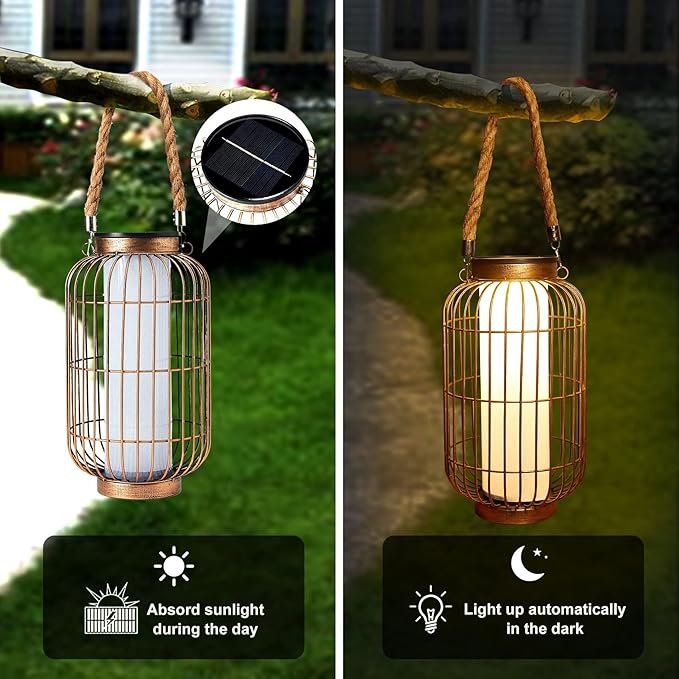 pearlstar Large Solar Powered Lantern Outdoor-Heavy Duty Metal Hanging Lights Decorative Solar Table Lamp Waterproof for Outside Patio Yard Garden Porch Tabletop Decor (Copper) (Pack of 4)