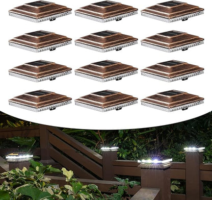 Solar Post Cap Lights,Outdoor Deck Fence Post Lights,Powerful Lithium Battery 20Lumens Two Light Modes Warm White/Bright White Suitable for 4x4 5x5 Wooden Posts,4x4 Viny Posts (Brushed Copper, 12pk)