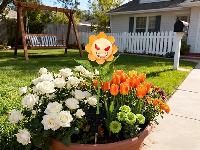 Personified Bobble Face Wind Spinners Sunflower Solar Light Outdoor with Funny Smug Face - Garden Decor, Waterproof Auto-On/Off Pathway, Lawn, Yard Stake Light for Decorations - Single Pack
