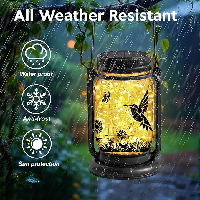 Hummingbird Solar Lanterns 3-in-1 Outdoor Waterproof - Birthday Gifts for Women Mom Christmas, Mason Jar Hanging Lanterns with Stake, Garden Decor Lights for Patio Yard Balcony Decorations, 2 Pack