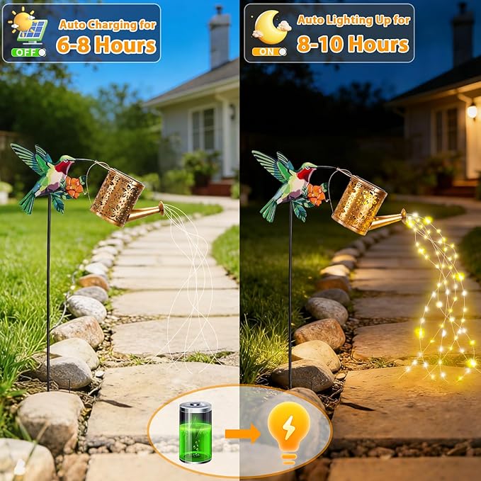 Solar Watering Can with Cascading Lights Outdoor Garden Decor 2026 New Hummingbird Shaped Solar Lights Outdoor Waterproof Solar Garden Lights Yard Decorations Outdoor for Mom Family Holidays Gift