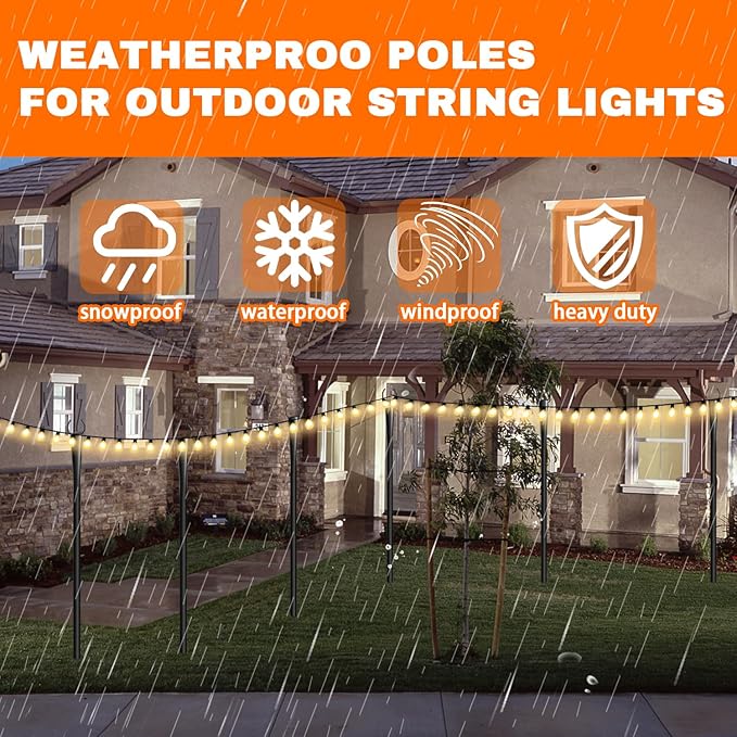 2 Pack 10Ft String Light Poles, Metal Poles with Fork for Outside Lights,Outdoor Metal Light Stand with Fence Brackets Hanging Lights for Garden Patio Wedding Backyard Deck Party