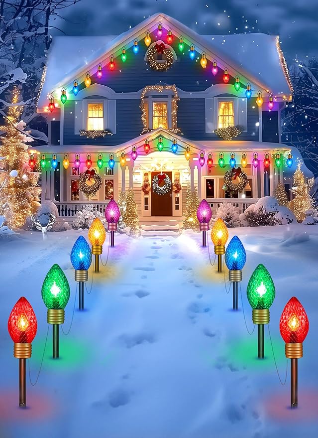 Moonflor Strawberry Jumbo C9 Christmas Pathway Lights Outdoor - 8.5 Feet 5 LED C9 Christma Lights,C7 Light Covered Jumbo Multicolor Christmas Light Outdoor Decorations for Lawn Holiday Outside Yard