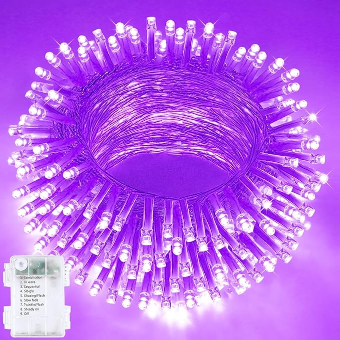 Christmas String Lights Battery Operated with Auto Timer, 33FT 100 LED Waterproof Purple Twinkle Lights, 8 Modes Fairy Lights for Indoor ＆ Outdoor Party Bedroom Garland Tree Yard Christmas Decorations
