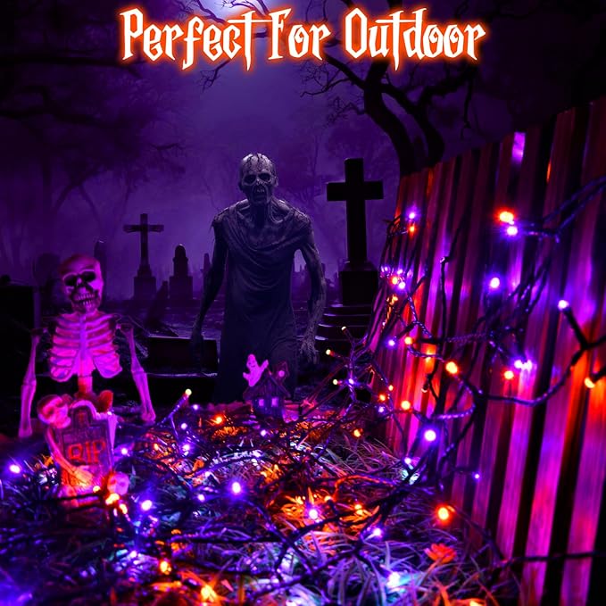 Halloween Lights String Total 100LED Battery Operated Outdoor 8 Modes with Timer 16.4Ft*2, 50LED*2 Waterproof Fairy Lights Indoor for Halloween Decor, Orange&Purple, 2-Pack