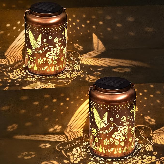 2 Packs Hummingbird Solar Lanterns Outdoor Waterproof, Birthday Gifts for Women, Mom, Hummingbird Gardening Gifts, Hanging Decorative Solar Lanterns for Patio/Yard/Garden Decor